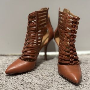 Nine West. Cognac strappy heel booties. Size 5.